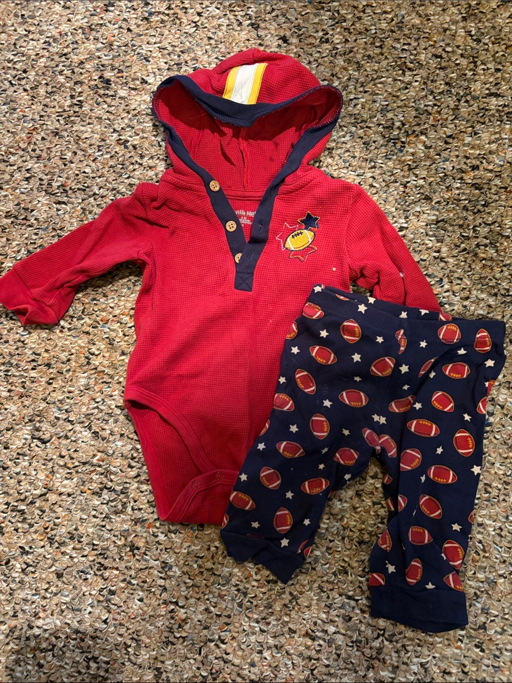 Little Me Red Hooded One-Piece with Navy Football Pants